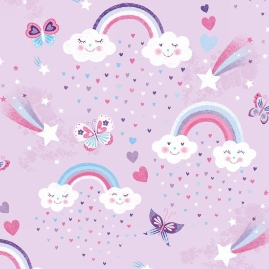 <!--5356-->Studio E - Unicorn Kisses - Rainbows and Clouds on Lilac, per fa