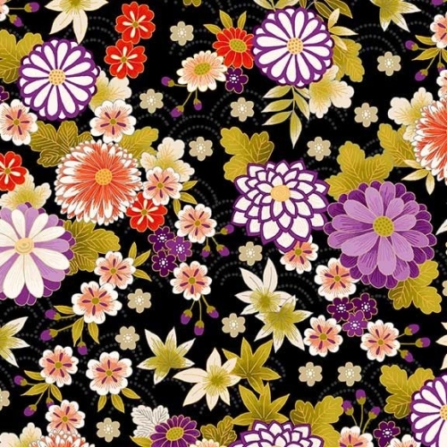 <!--3263-->Makower UK - Kimono - Chrysanthemum in Black, per fat quarter