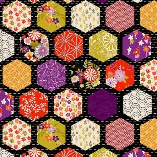 <!--3267-->Makower UK - Kimono - Hexagon Patch in Black (with gold metallic