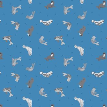 Lewis & Irene - Small Things Polar Animals - Seals on Surf Blue (with pearlescent detailing), per fat quarter