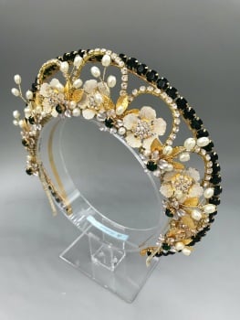 Gold Bridal Crown headband with a Emerald Halo, For Jay.
