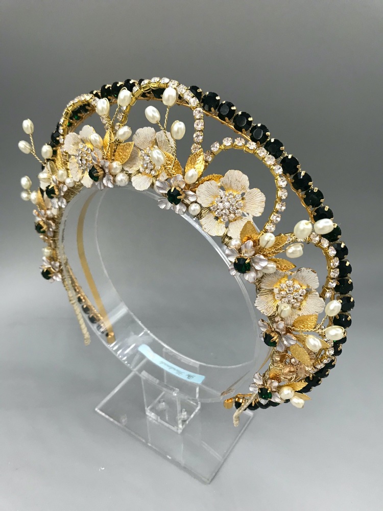 Gold Bridal Crown headband with a Emerald Halo