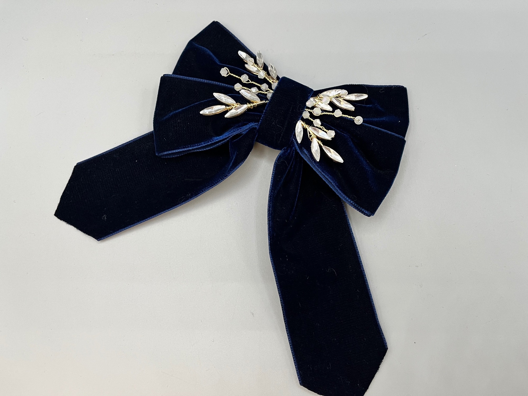 Velvet embellished hair bow, navy blue hair bow