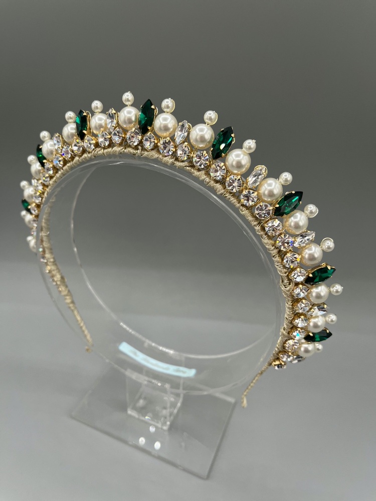 Gold Bridal crown with pearl and faux emeralds - Adela