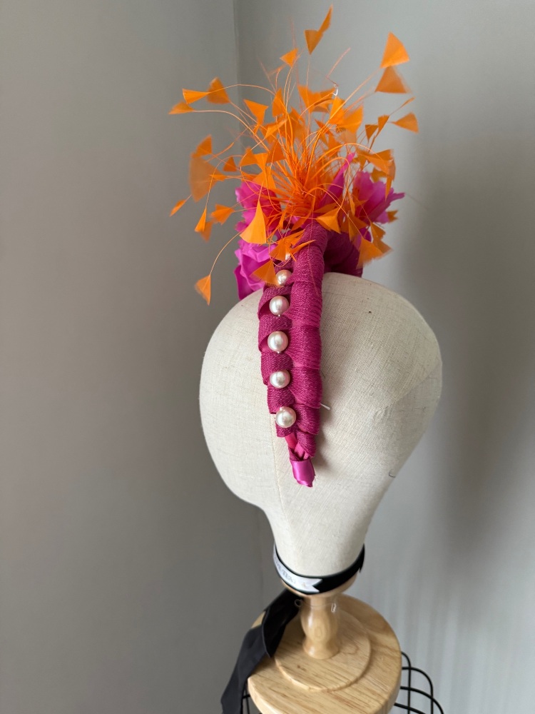 Cerise Pink and Orange Feather headband fascinator