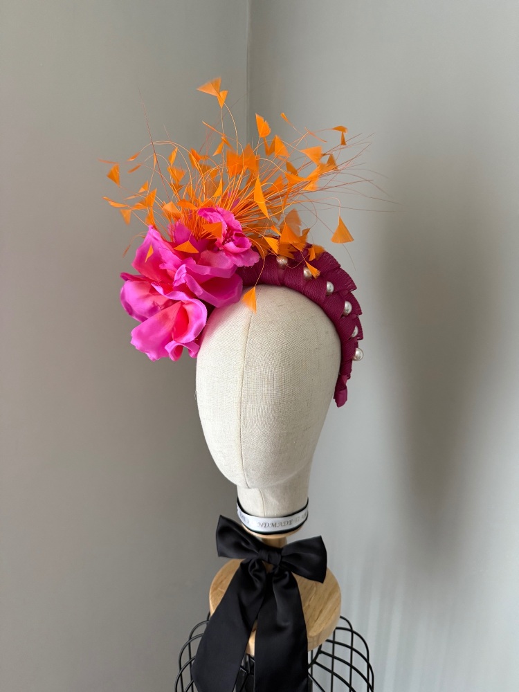 Cerise Pink and Orange Feather headband fascinator