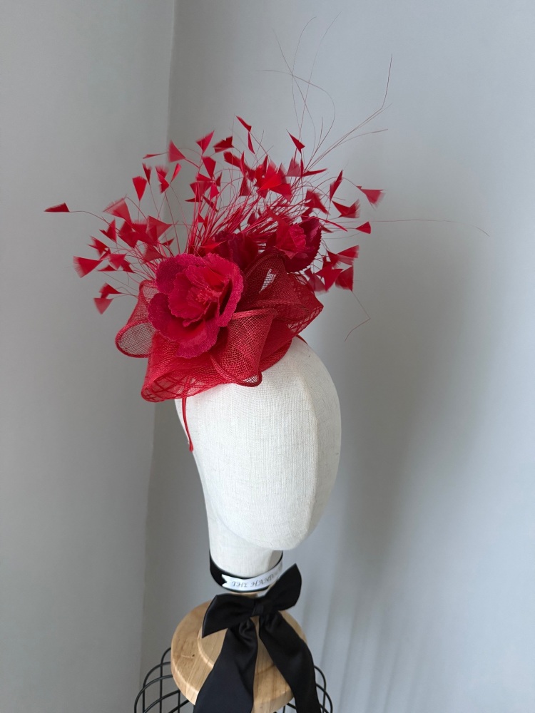Red velvet flower fascinator with feathers