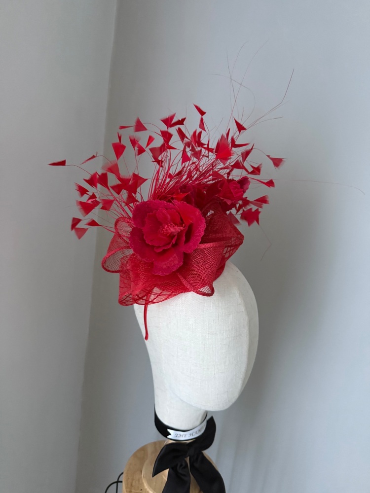 Red velvet flower fascinator with feathers