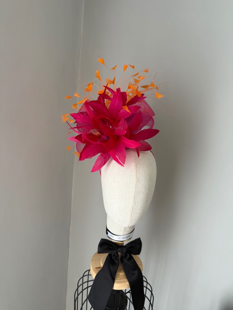 Cerise Pink and Orange Feather mini hat headband fascinator