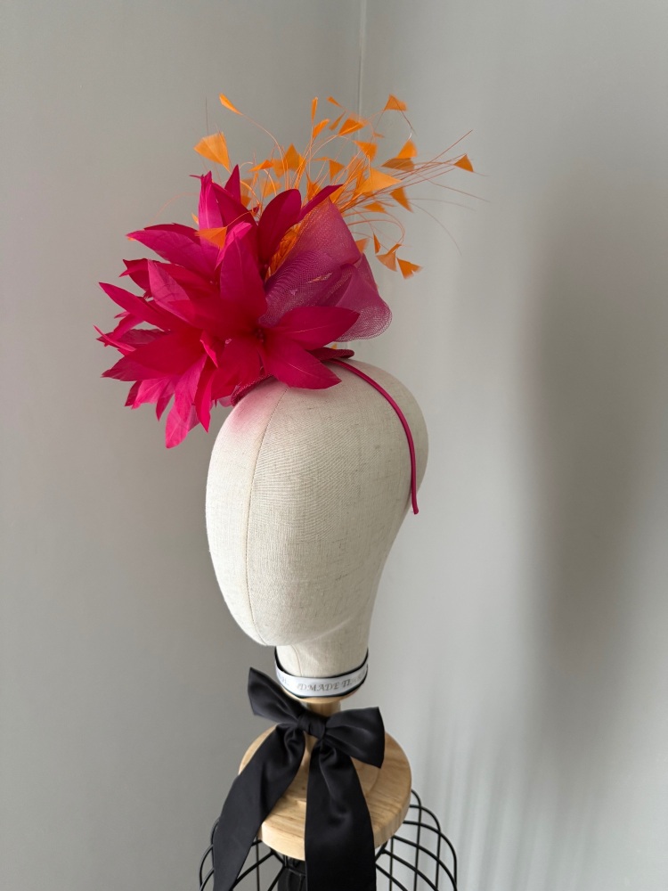 Cerise Pink and Orange Feather mini hat headband fascinator
