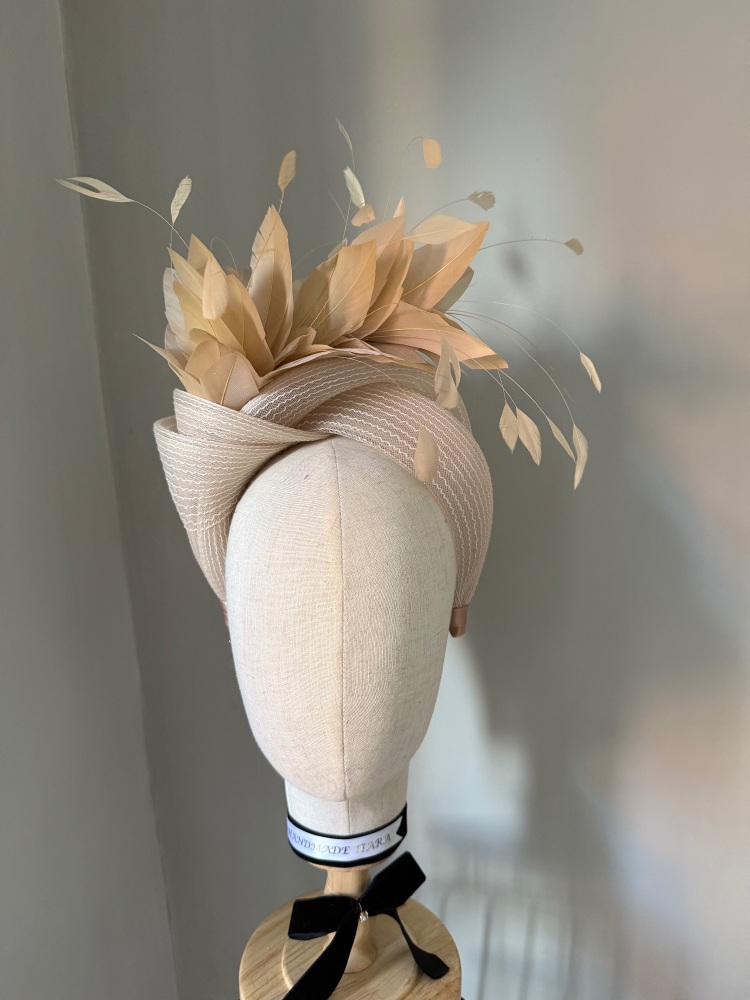Beige Nude turban headband fascinator with feathers