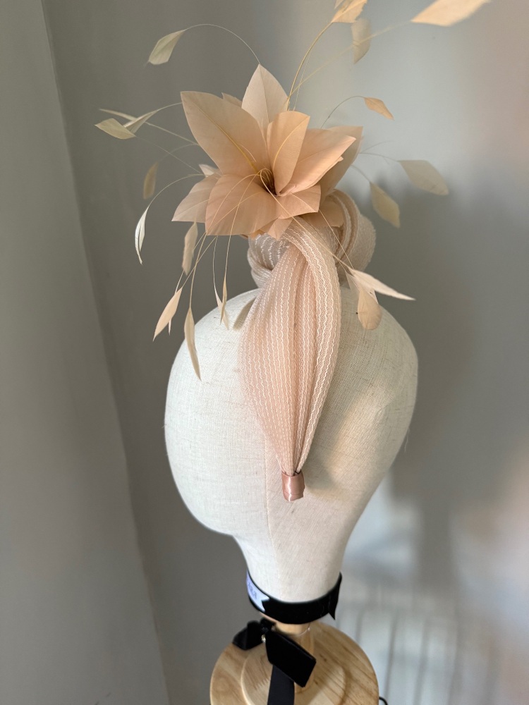 Beige Nude turban headband fascinator with feathers