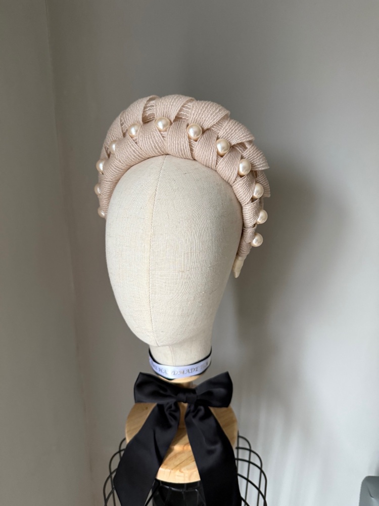 Beige Nude fascinator headband with chunky faux peals