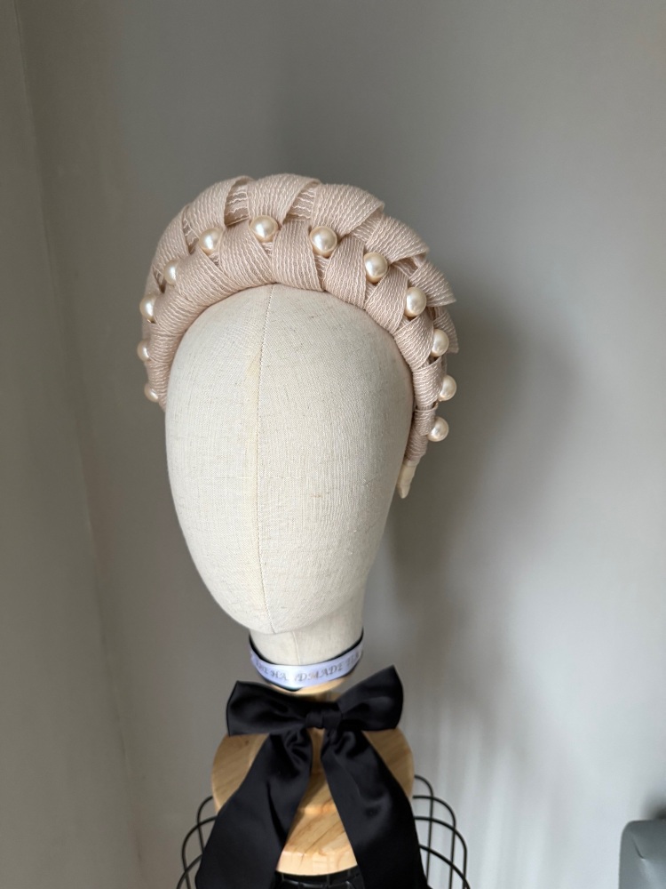 Beige Nude fascinator headband with chunky faux peals