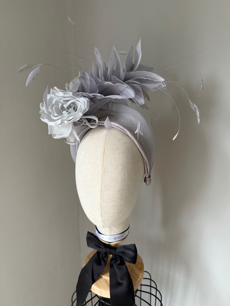 Silver grey flower feather fascinator