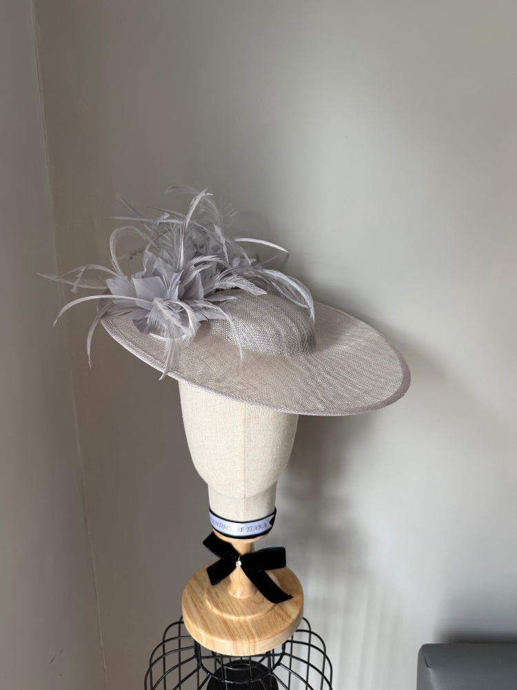 Silver grey feather boater hat