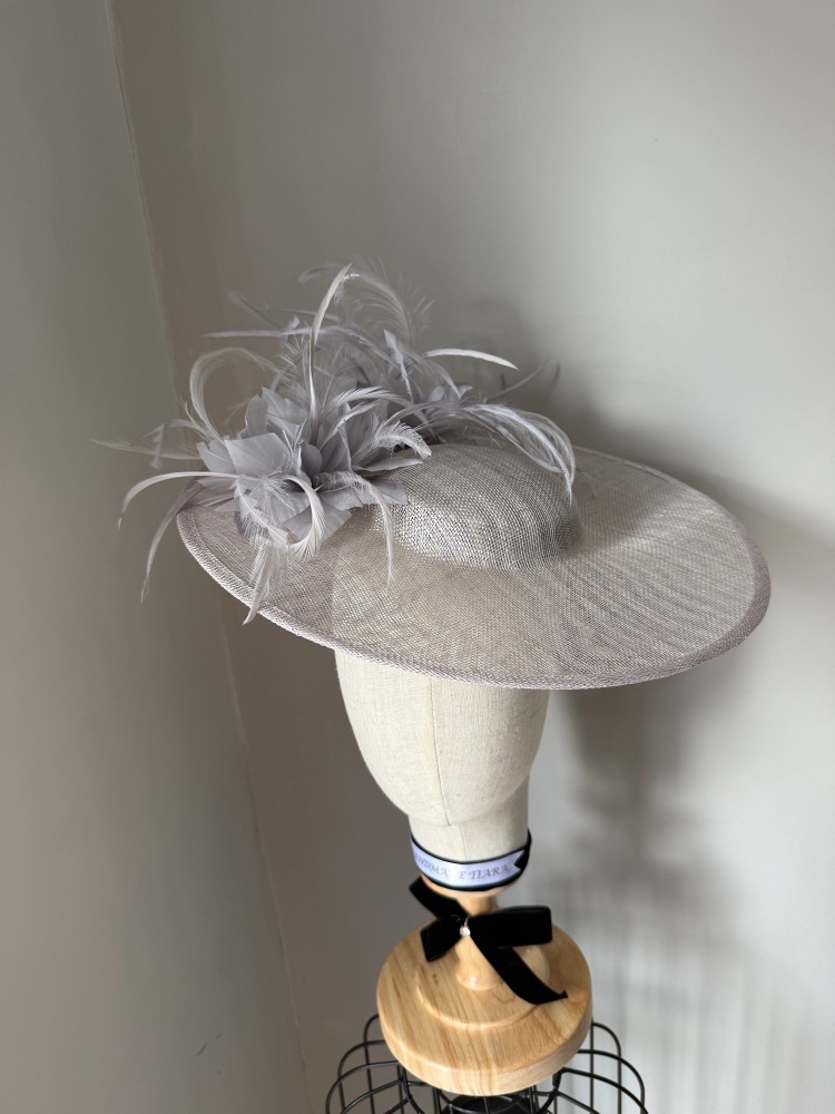 Silver grey feather boater hat
