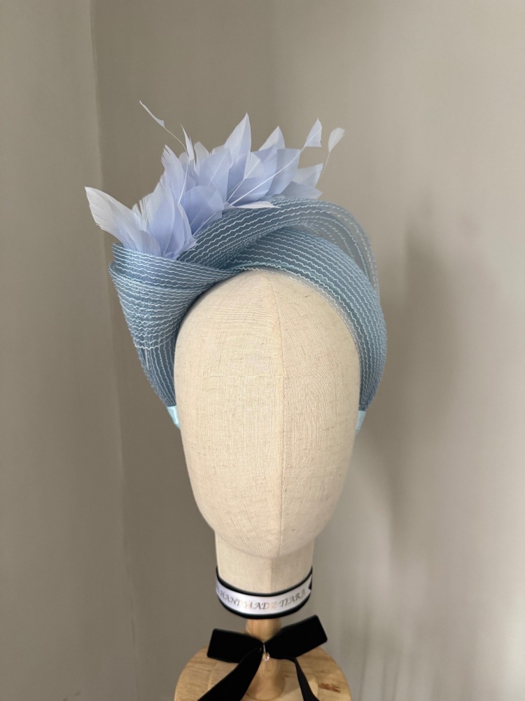 Light blue modern turban fascinator with feathers