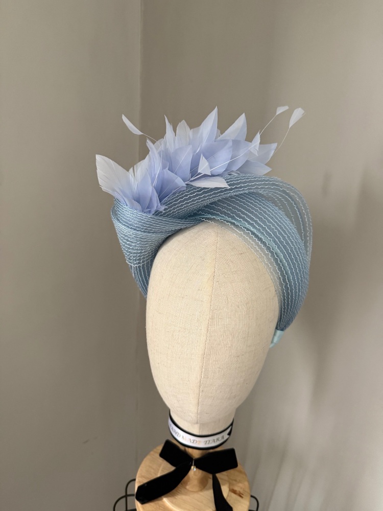 Light blue modern turban fascinator with feathers