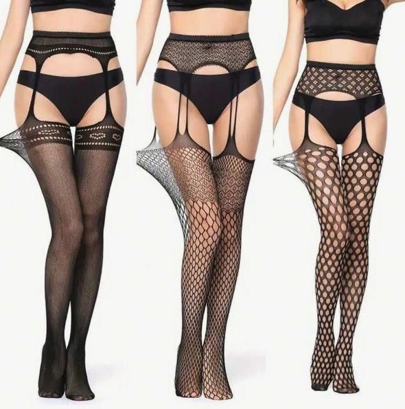 3 Pairs Transparent Mesh Suspender Tights in Black