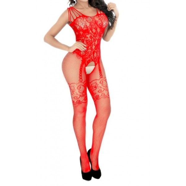 Fishnet Crotchless Body Stocking in Red