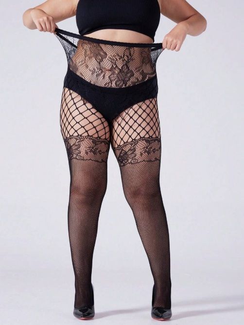 Floral/Stocking Pattern Fishnet Tights in Black