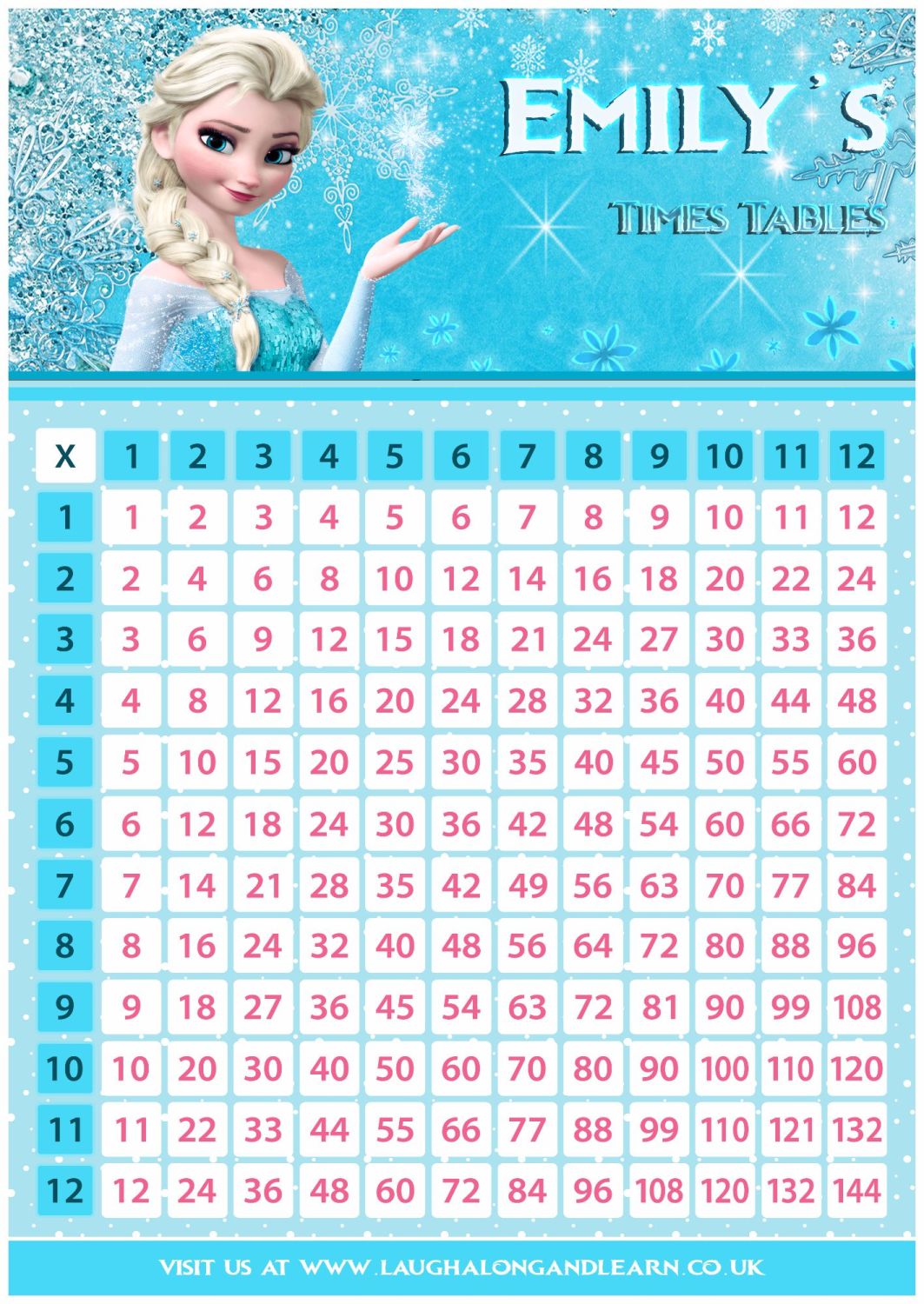 Personalised Princess Elsa, Frozen Times Tables Chart