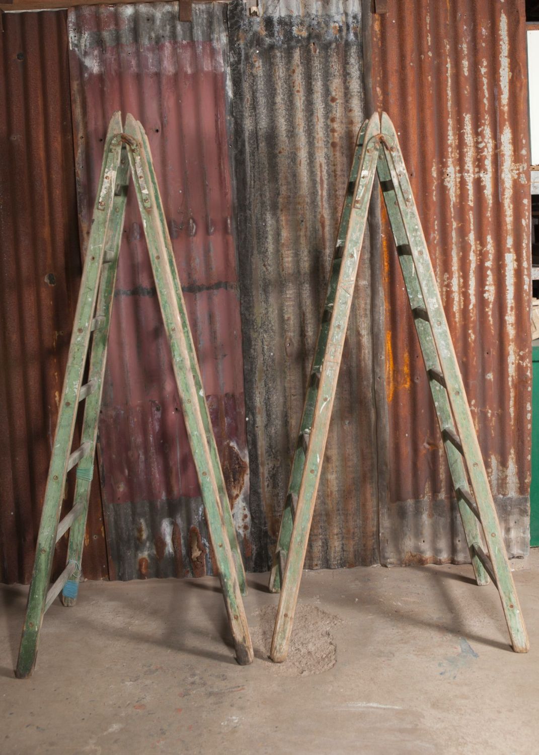 Pair of Green wooden A frame Ladders 