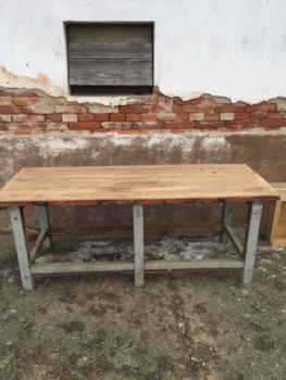 wood table with grey base/legs