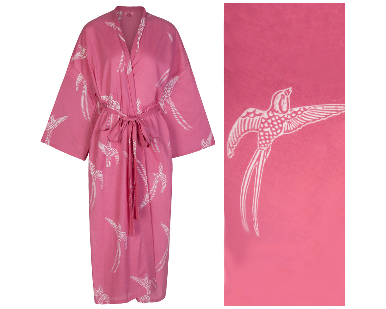 <!-- 003 -->Kimono Dressing Gown - Long Tailed Bird White on Pink