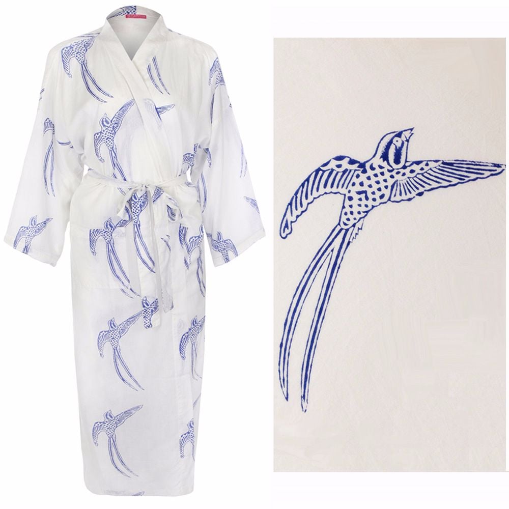 <!-- 004 -->Women's Cotton Kimono Robe - Long Tailed Bird Blue on White