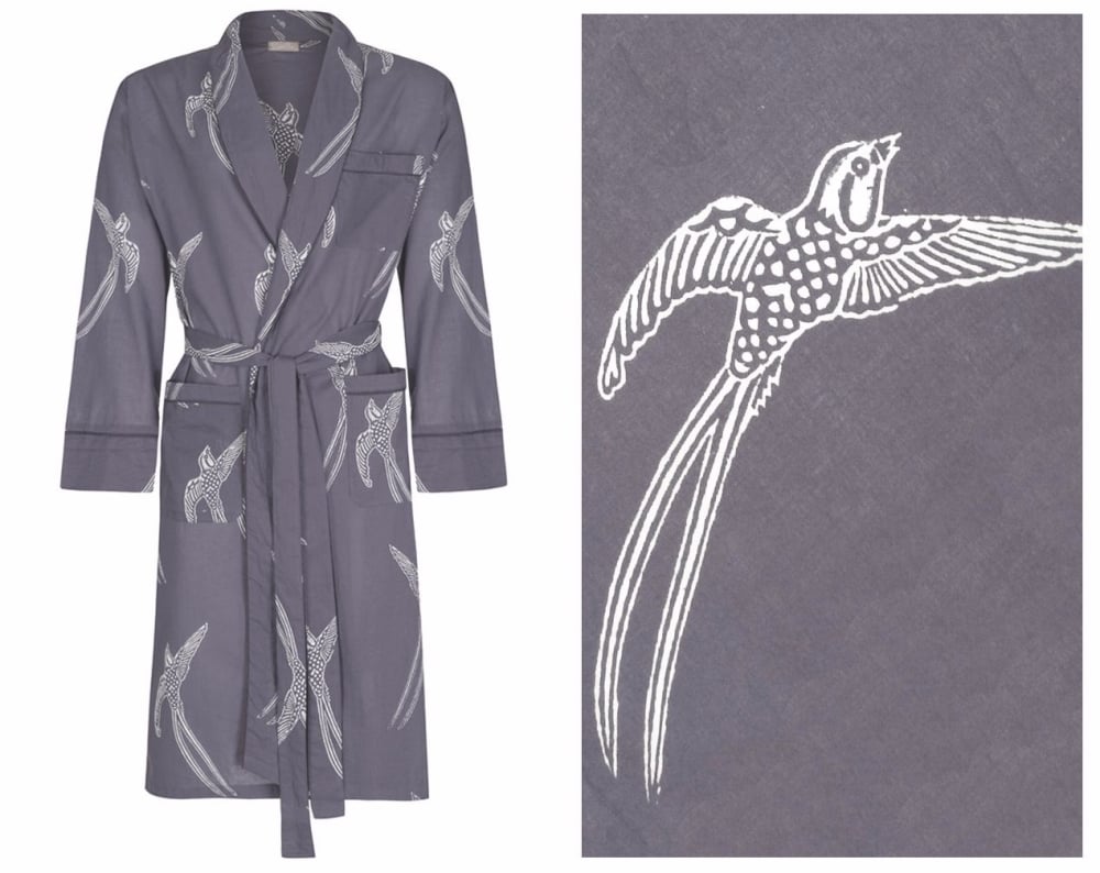 MEN'S Cotton Robe - Long Tailed Bird White on Grey