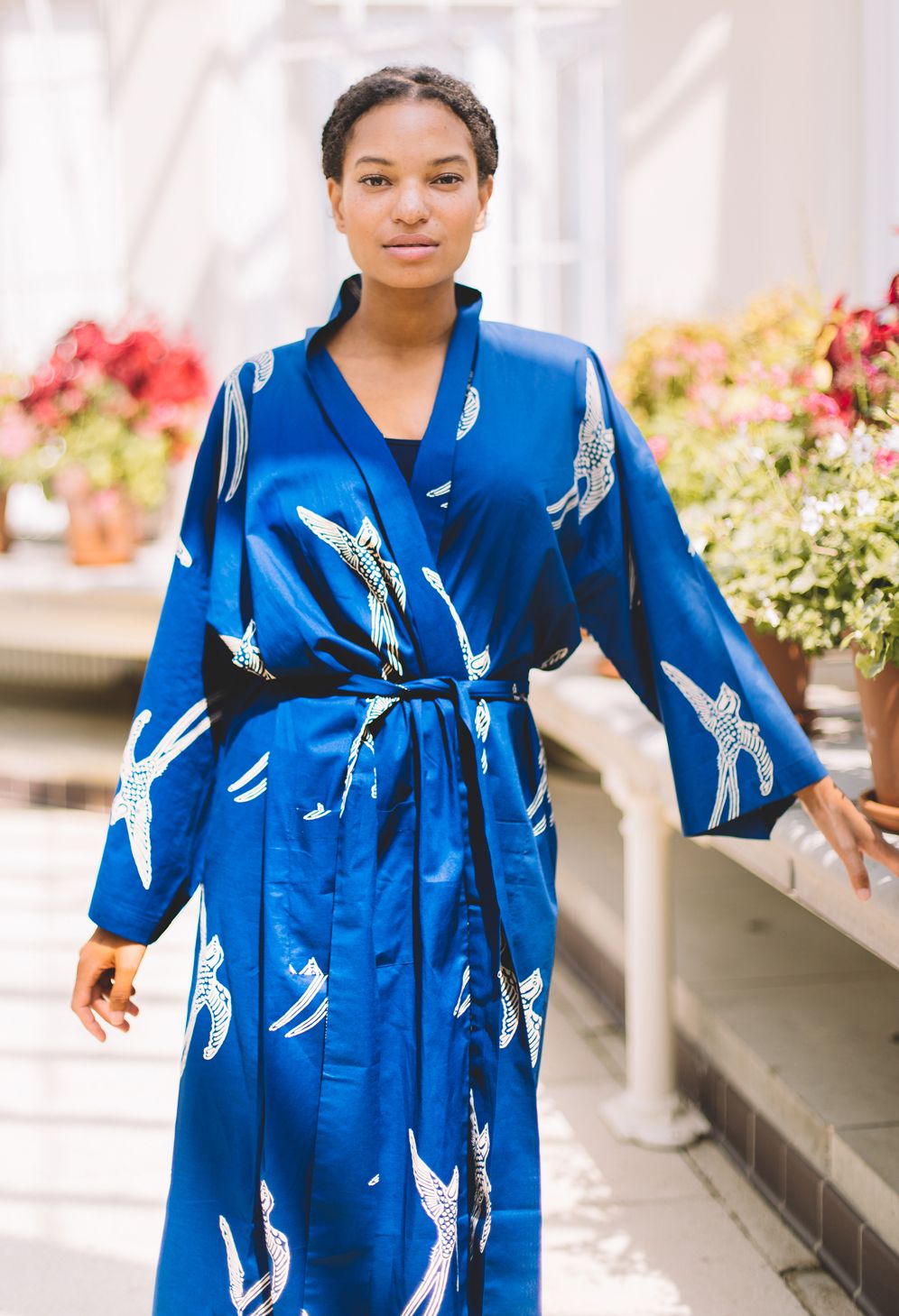 Long Tailed Bird White on Dark Blue Kimono Robe Dressing Gown