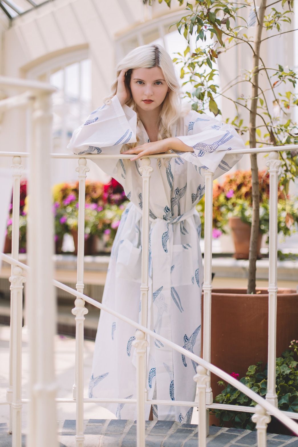 Long Tailed Bird Blue on White Kimono Robe Dressing Gown
