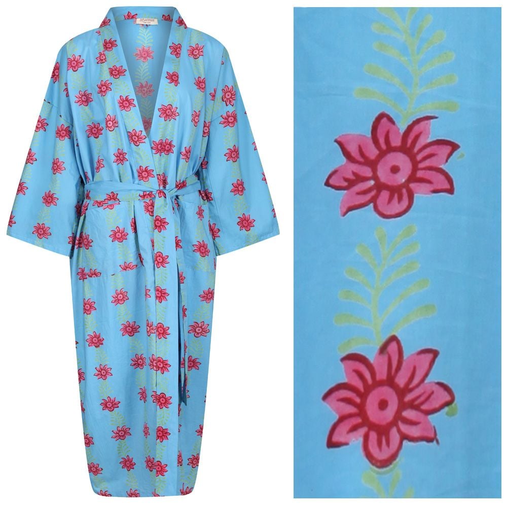 b>Women's Cotton Kimono Robe - Blossom and Leaf Red on Blue</b>