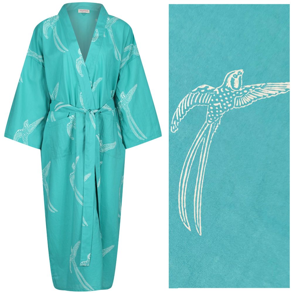 <b>NEW!! Women's Cotton Kimono Robe - Long Tailed Bird White on Emerald Gre