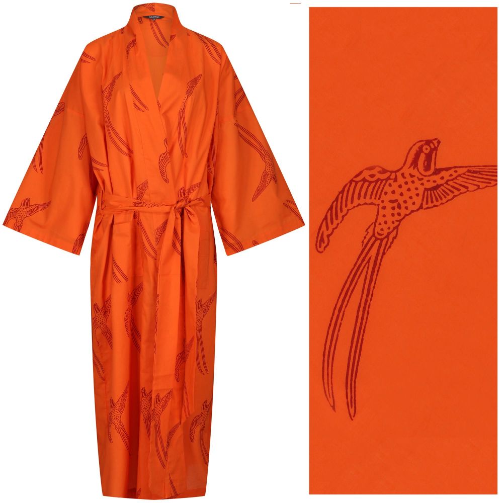 Women's Cotton Kimono Robe - Long Tailed Bird Red on Orange