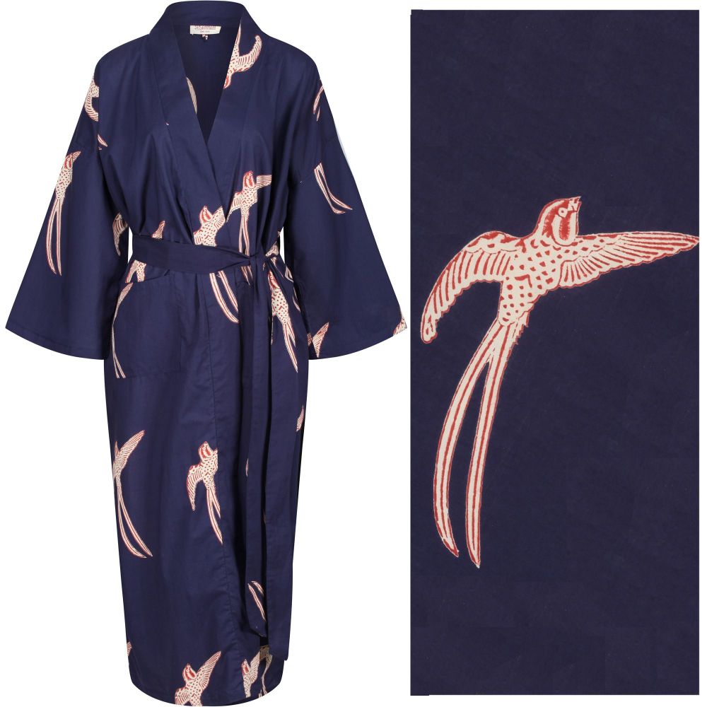 Women's Cotton Dressing Gown Kimono - Long Tailed Bird Red and Cream on Dark Blue ("outlet" gown with minor imperfections)