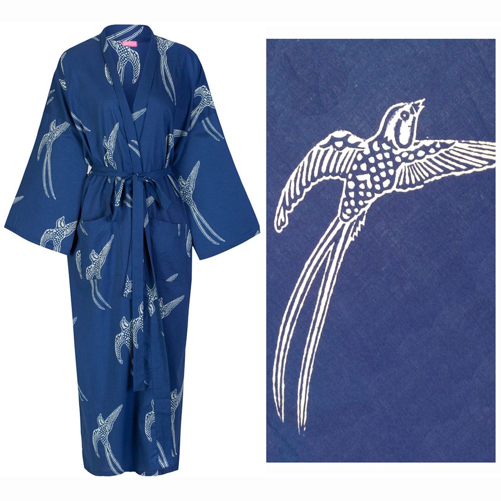 Women's Cotton Dressing Gown Kimono - Long Tailed Bird White on Dark Blue ("outlet" gown with minor imperfections)