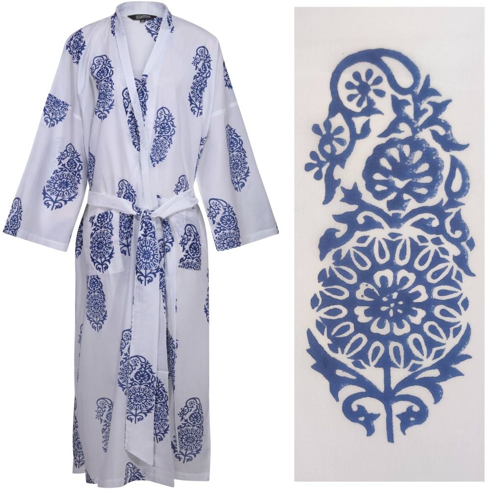 <!-- 010 --><b>NEW!! Women's Cotton Kimono Robe - Paisley Blue on White</b>