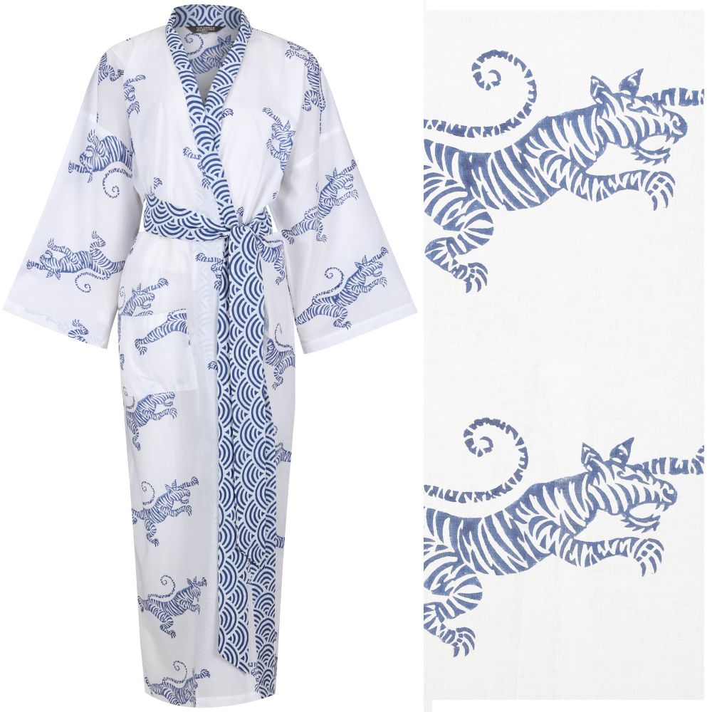 NEW!! Women's Cotton Dressing Gown Kimono - Fighting Tigers with Rainbow Blue