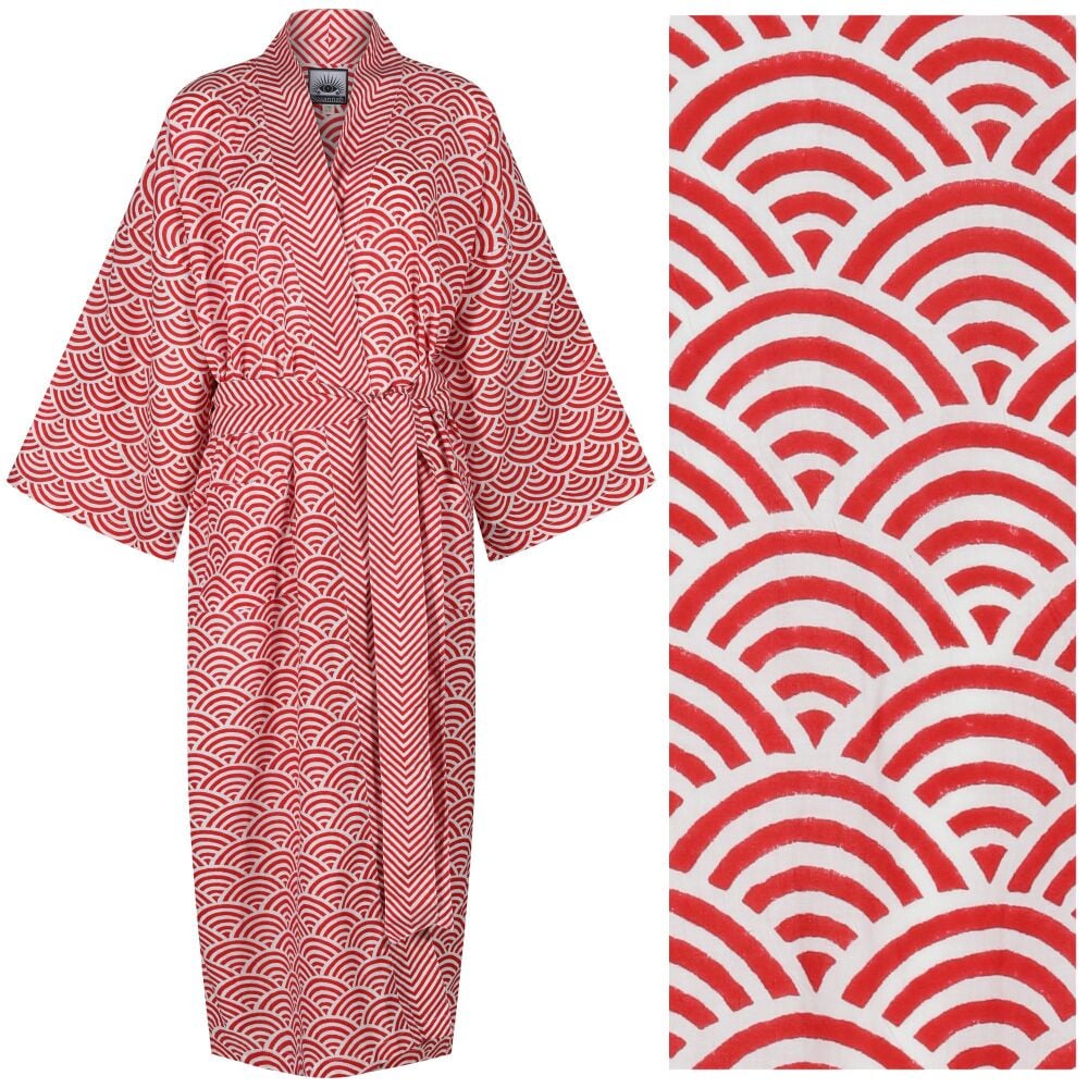 Women's Cotton Kimono Robe - Rainbow Red Zig-Zag