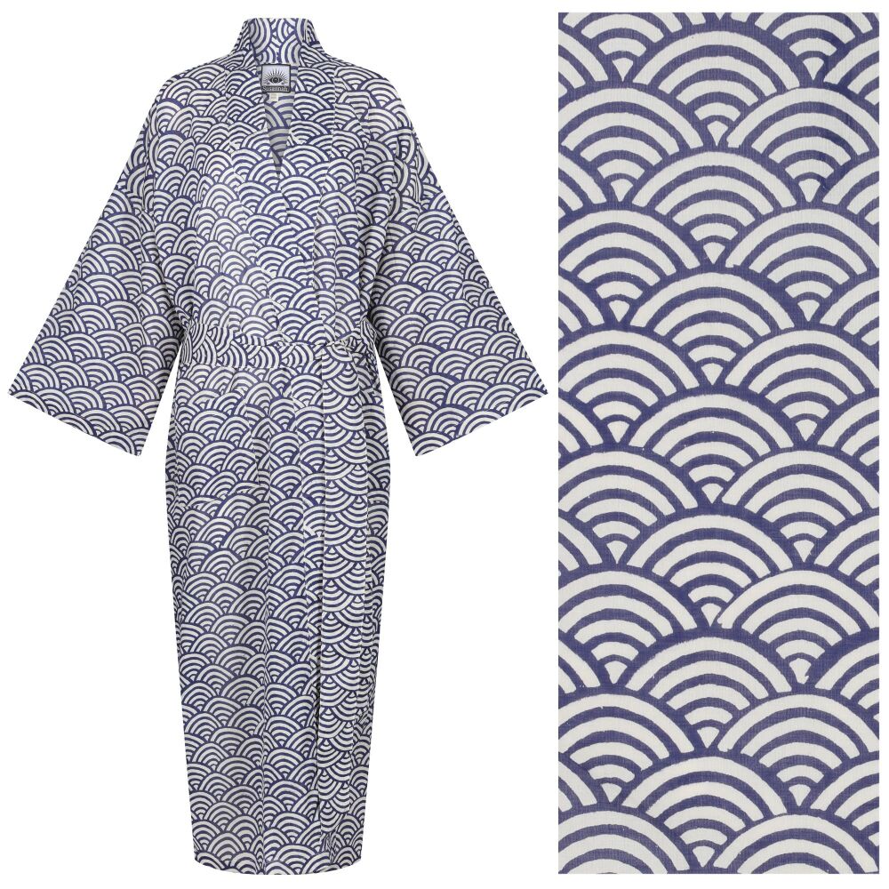 <!-- 006 --><b>Women's Cotton Kimono Robe - Rainbow White on Blue</b>