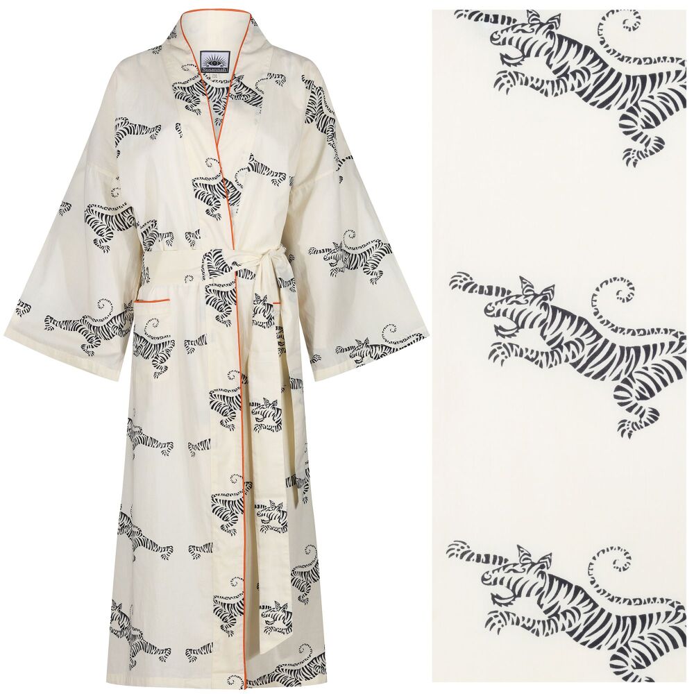 <b>NEW!! Women's Cotton Dressing Gown Kimono - Fighting Tigers Black on Cre