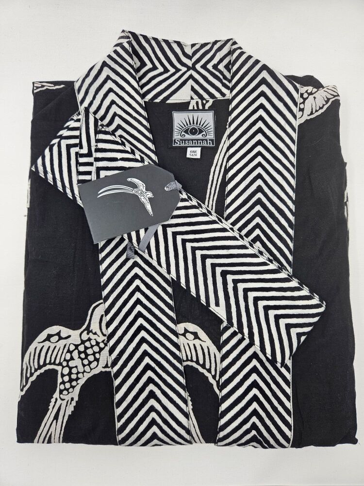 Women's Cotton Kimono Robe - Long Tailed Bird White on Black