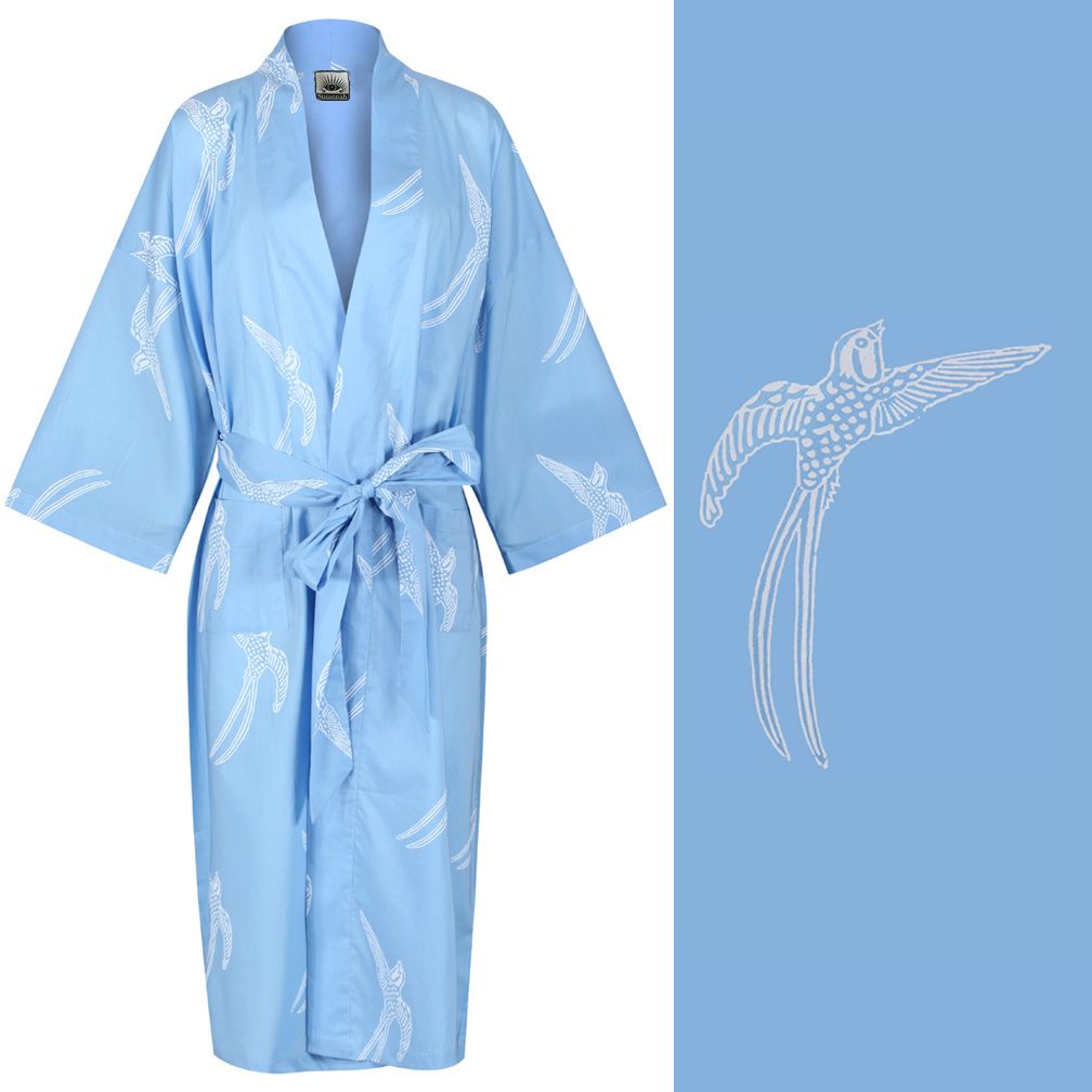 Susannah Cotton Women's Kimono Robe - Long Tailed Bird White on Powder Blue