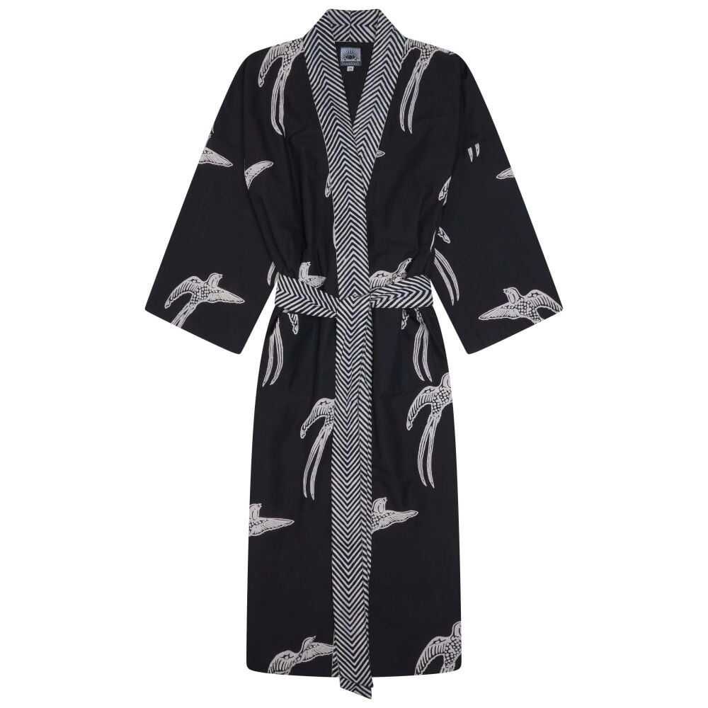 Susannah Cotton Women's Kimono Robe - Long Tailed Bird White on Black (NEW!!)