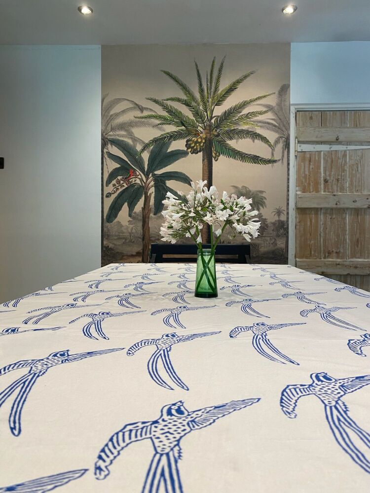 Susannah Cotton Throw - Long-Tailed Bird Blue on White