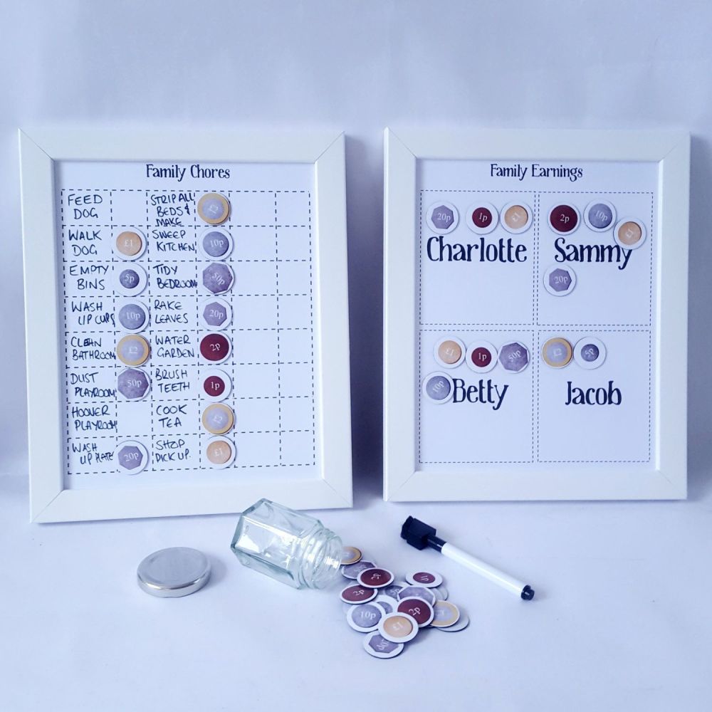 Family Charts, Chores, tasks and Jobs chart, with pocket money magnets, designed for up to 6 children