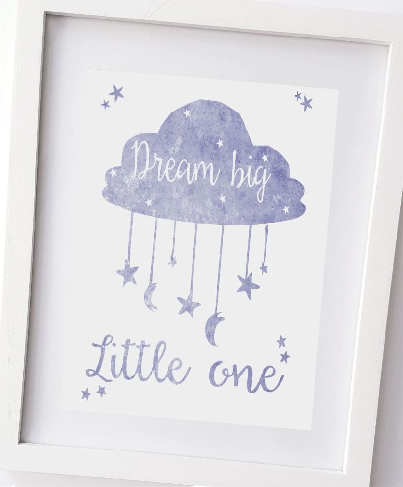Dream big little one, in blue stars and moon, boys bedroom, nursery wall, k